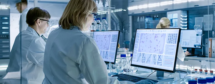 scientists in the lab working on computers